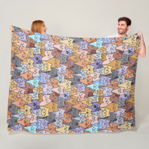 Colourful Cute Cat Crowd Pattern Whimsical Cat Fac Fleece Blanket