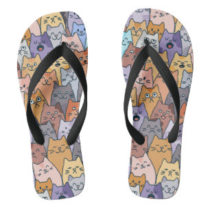 Colourful Cute Cat Crowd Pattern Whimsical Cat Fac Jandals