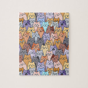 Colourful Cute Cat Crowd Pattern Whimsical Cat Fac Jigsaw Puzzle