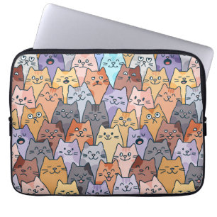 Colourful Cute Cat Crowd Pattern Whimsical Cat Fac Laptop Sleeve