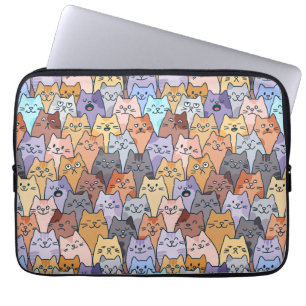 Colourful Cute Cat Crowd Pattern Whimsical Cat Fac Laptop Sleeve