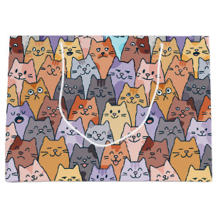 Colourful Cute Cat Crowd Pattern Whimsical Cat Fac Large Gift Bag