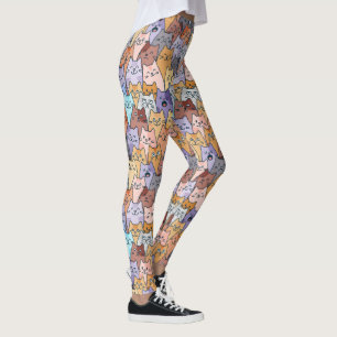 Colourful Cute Cat Crowd Pattern Whimsical Cat Fac Leggings