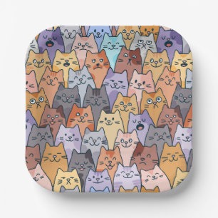 Colourful Cute Cat Crowd Pattern Whimsical Cat Fac Paper Plate