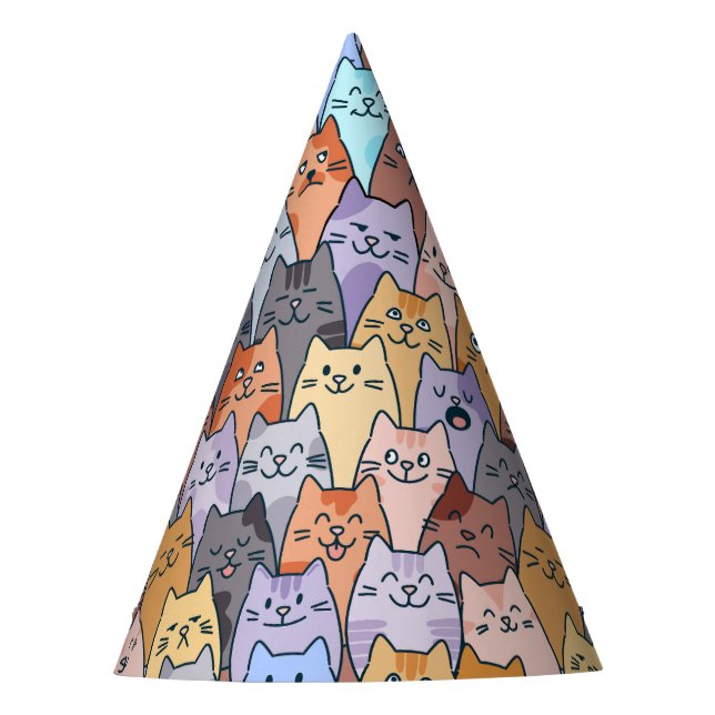 Colourful Cute Cat Crowd Pattern Whimsical Cat Fac Party Hat (Front)