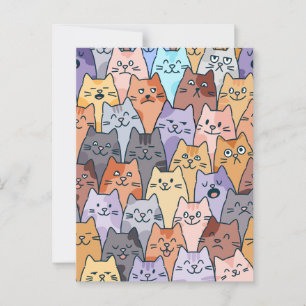 Colourful Cute Cat Crowd Pattern Whimsical Cat Fac Postcard