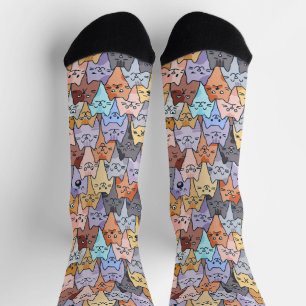 Colourful Cute Cat Crowd Pattern Whimsical Cat Fac Socks