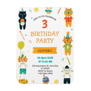 Colourful Cute Cats 3rd Birthday Party Invitation  Magnet