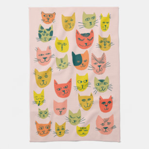 Colourful Cute Cats Kittens Pink Tea Towel