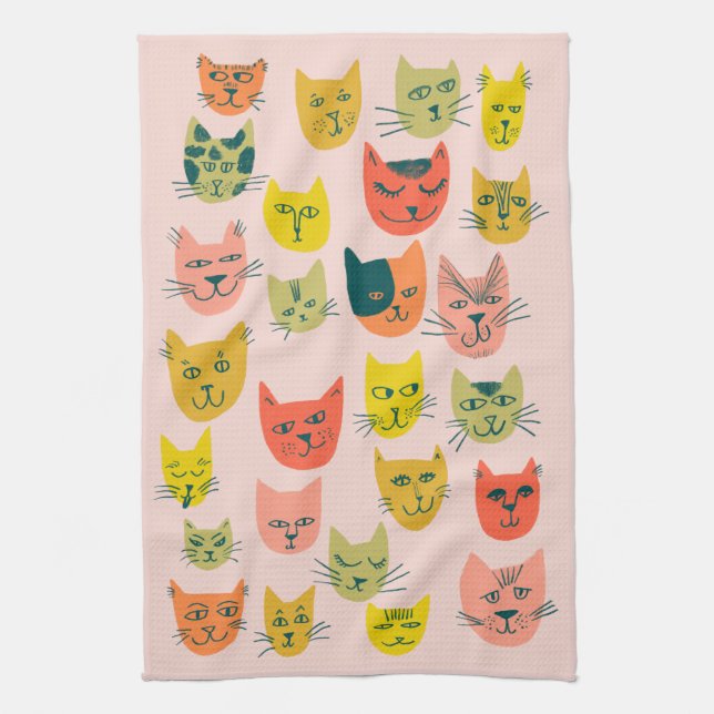 Colourful Cute Cats Kittens Pink Tea Towel (Vertical)