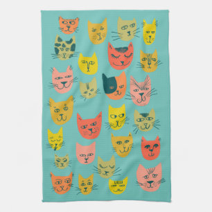 Colourful Cute Cats Kittens Teal Tea Towel