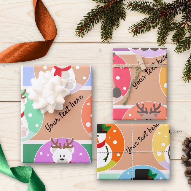 Colourful Cute Christmas Winter Wrapping Paper Sheet (Wrapping paper sheets featuring Christmas and winter designs with polar bear, reindeer and snowman)