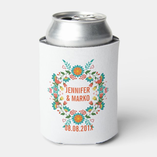 Colourful Cute Colourful Retro Floral Wreath Can Cooler (Can Front)