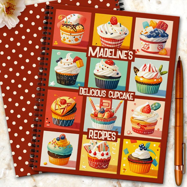 Colourful Cute Cupcake Recipe  Notebook (Cute colorful cookbook notebook featuring an illustration of cupcakes. With simple retro polka dots)