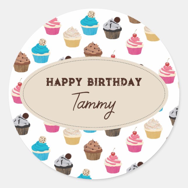 Colourful Cute Cupcakes Pattern Birthday Party Classic Round Sticker (Front)