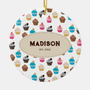 Colourful Cute Cupcakes Pattern Monogram Ceramic Tree Decoration