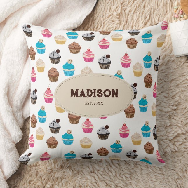Colourful Cute Cupcakes Pattern Monogram Cushion (Blanket)