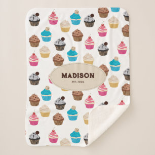 Colourful Cute Cupcakes Pattern Monogram Sherpa Blanket