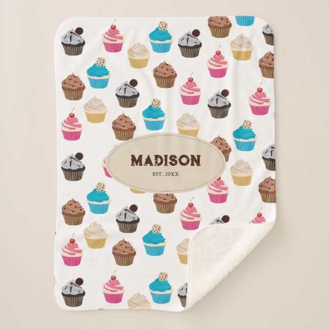 Colourful Cute Cupcakes Pattern Monogram Sherpa Blanket (Front)