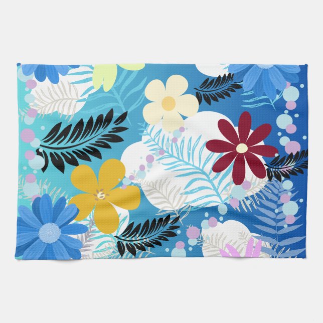 Colourful Cute Daisies Ferns Bubbles Clouds Patter Tea Towel (Horizontal)