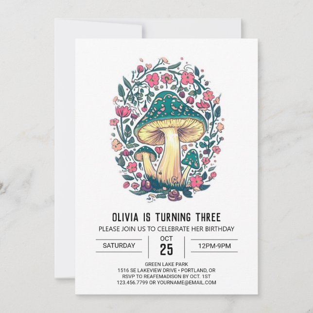 Colourful Cute Digital Mushroom Birthday Invitation (Front)