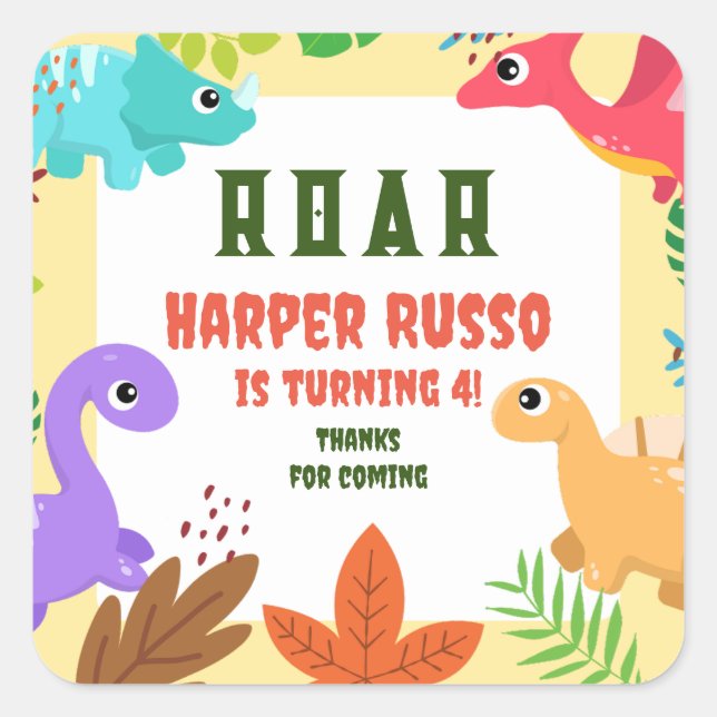 Colourful Cute Dino Birthday Party  Square Sticker (Front)