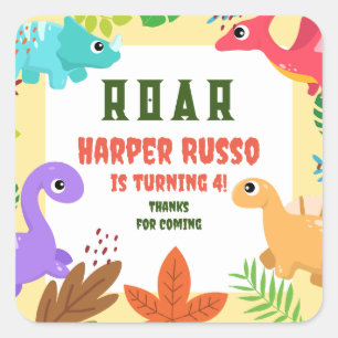 Colourful Cute Dino Birthday Party Square Sticker