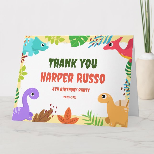 Colourful Cute Dino Birthday Party  Thank You Card (Front)