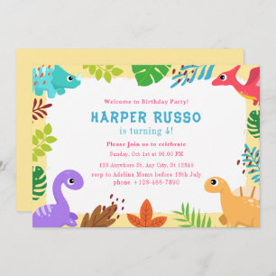 Colourful Cute Dino Illustration Birthday Party  Invitation