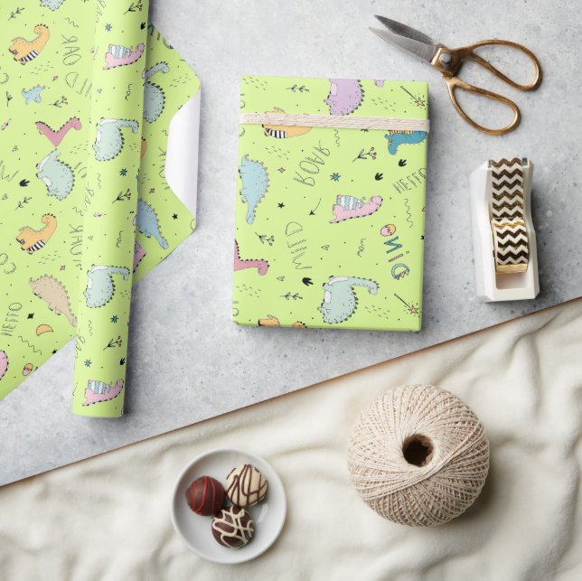 Colourful, cute dinosaur cartoon pattern wrapping paper (Crafts)