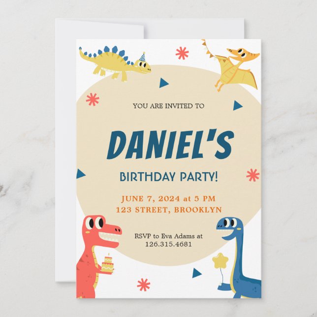 Colourful Cute Dinosaur Illustration Kids Birthday Invitation (Front)