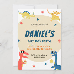 Colourful Cute Dinosaur Illustration Kids Birthday Invitation