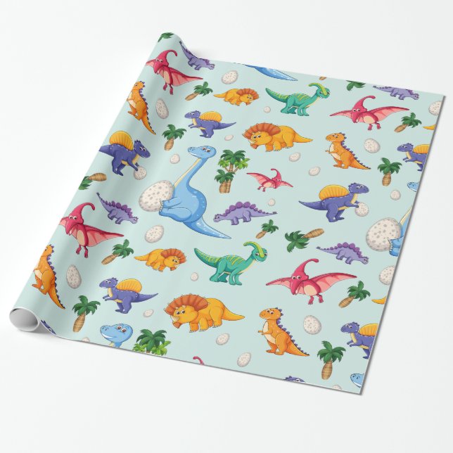 Colourful Cute Dinosaur Pattern Wrapping Paper (Unrolled)