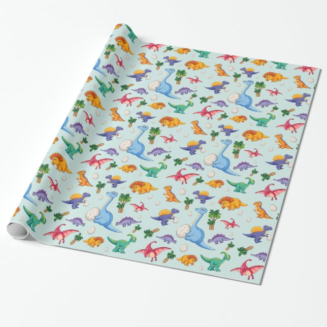 Colourful Cute Dinosaur Pattern Wrapping Paper (Unrolled)