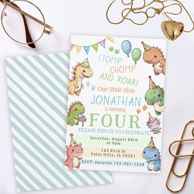 Colourful cute dinosaurs boy dino birthday party invitation (Creator Uploaded)