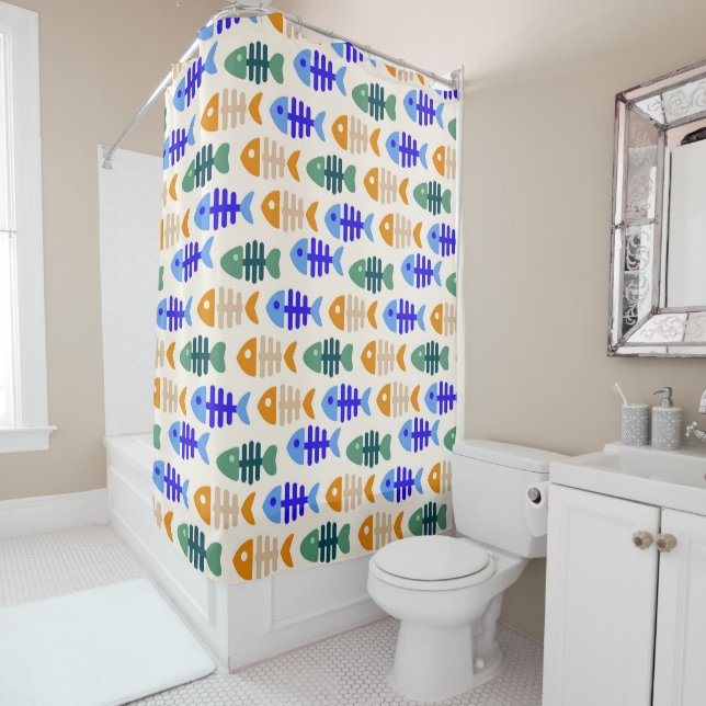 Colourful Cute Fish Bone Pattern Shower Curtain (In Situ)