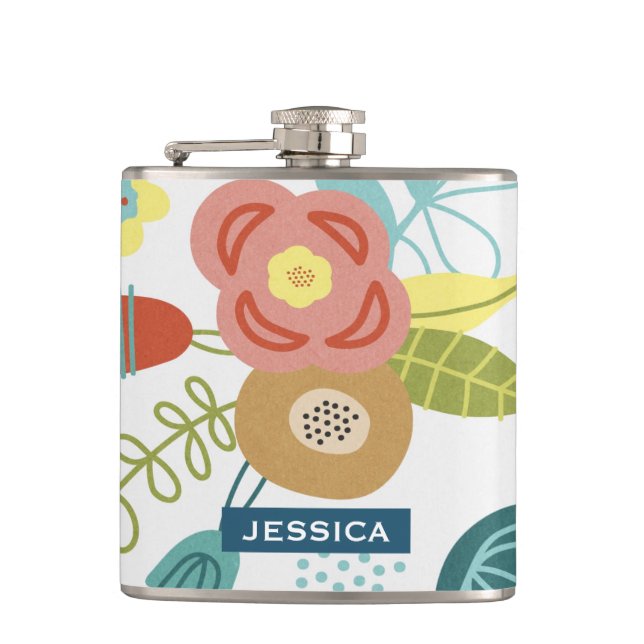 Colourful Cute Floral Pattern Personalised Hip Flask (Front)
