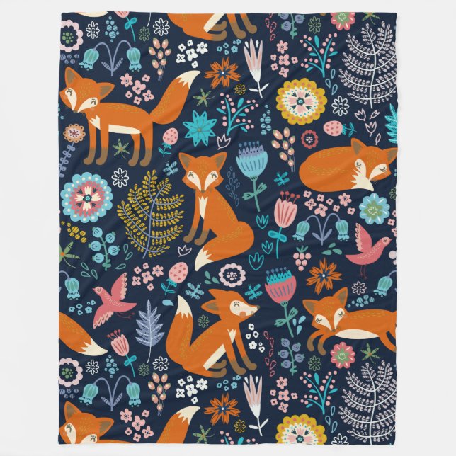 Colourful Cute Flowers & Foxes Pattern Fleece Blanket (Front)