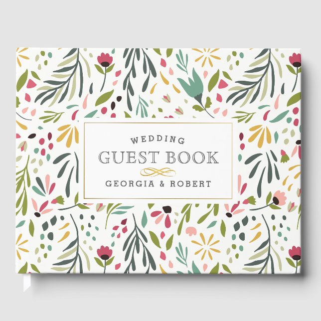 Colourful Cute Flowers & Leafs Pattern Guest Book (Front)