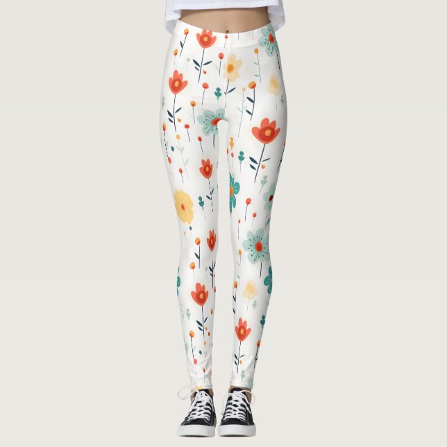 Colourful Cute Flowers Pattern Leggings (Front)