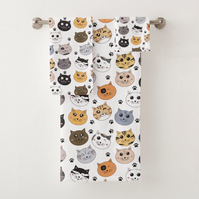 Colourful Cute Funny Cats & Paw Pattern Bath Towel Set (Insitu)
