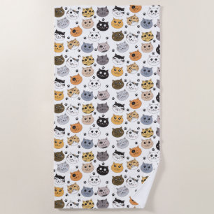Colourful Cute Funny Cats & Paw Pattern Beach Towel