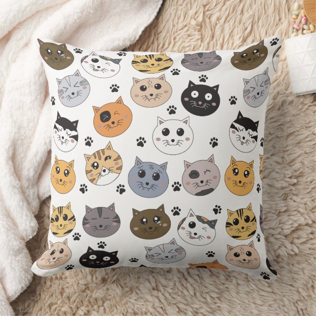 Colourful Cute Funny Cats & Paw Pattern Cushion (Blanket)