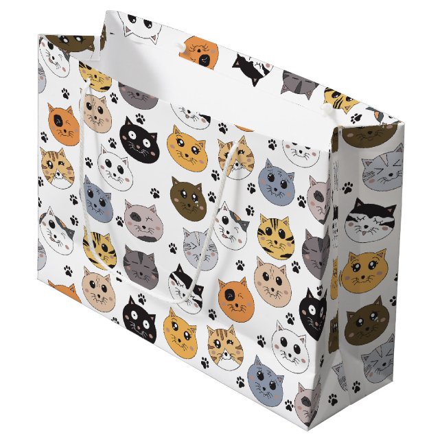 Colourful Cute Funny Cats & Paw Pattern Large Gift Bag (Front Angled)