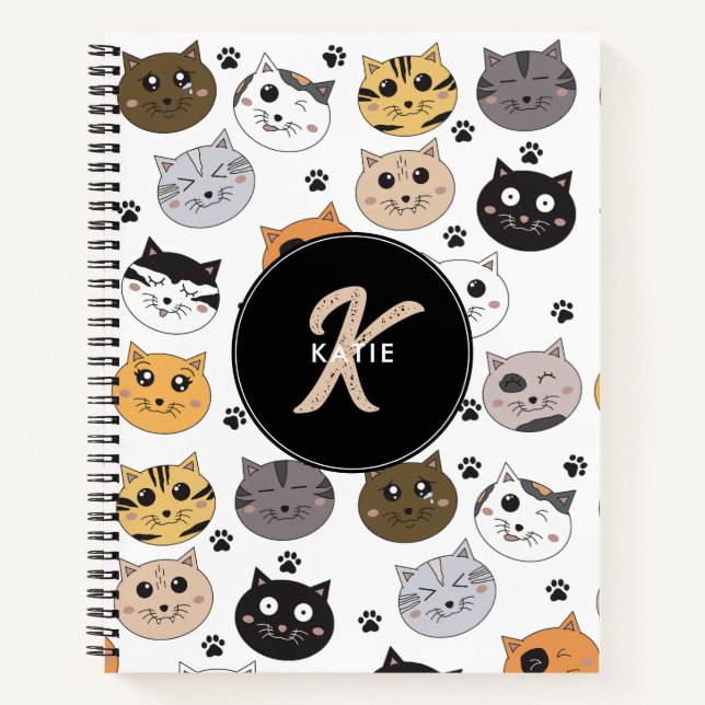 Colourful Cute Funny Cats & Paw Pattern Monogram Notebook (Front)