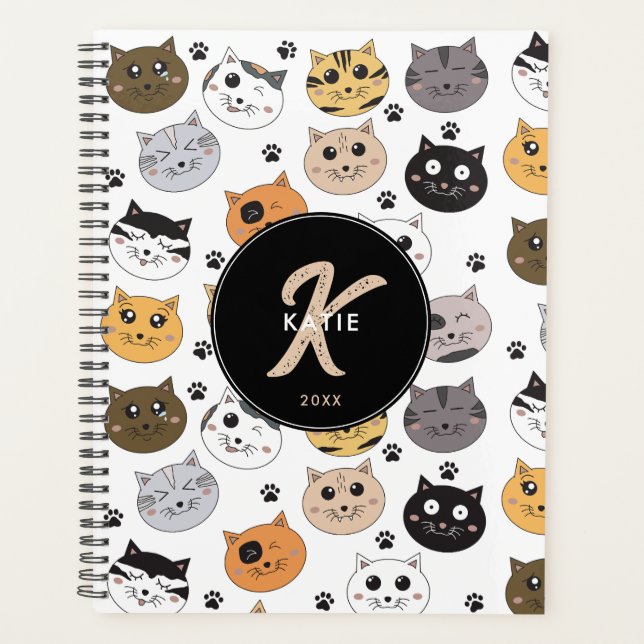 Colourful Cute Funny Cats & Paw Pattern Monogram Planner (Front)