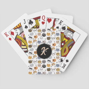 Colourful Cute Funny Cats & Paw Pattern Monogram Playing Cards