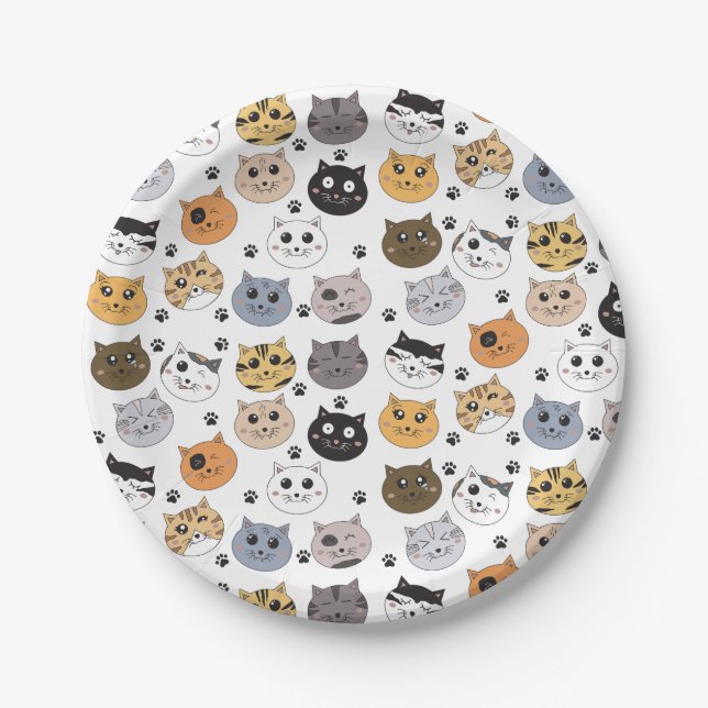 Colourful Cute Funny Cats & Paw Pattern Paper Plate (Front)