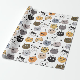 Colourful Cute Funny Cats & Paw Pattern Wrapping Paper
