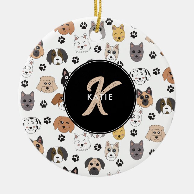 Colourful Cute Funny Dogs & Dog Paw Monogram Ceramic Tree Decoration (Front)